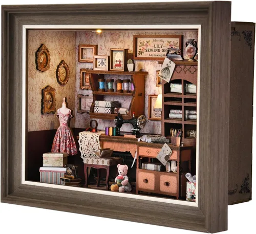 Miniatura 15 de Kit de rincón de libros, rompecabezas de madera 3D con control de interruptor LED y marco para montar en pared, casa en miniatura