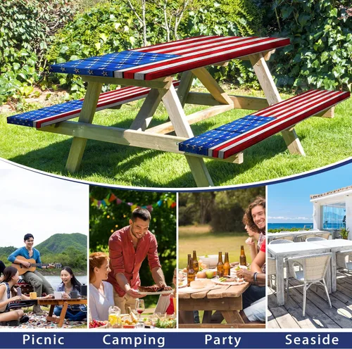 Miniatura 7 de Juego de fundas para mesa de picnic con bandera estadounidense con textura de madera, impermeable, resistente al viento, para campamento, manteles