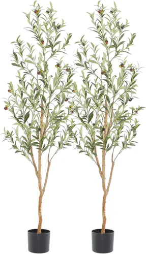 Miniatura 11 de Bellacat Árbol de olivo sintético de 6 pies, olivos artificiales para interiores con tronco de madera natural y hojas y frutas realistas. Olivo