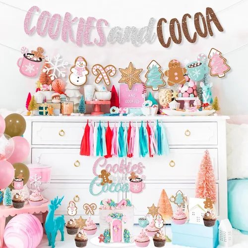 Miniatura 5 de Decoraciones de fiesta de galletas y cacao, banner de galletas rosas y cacao, banner navideño de hombre de jengibre, globos para adorno de pastel