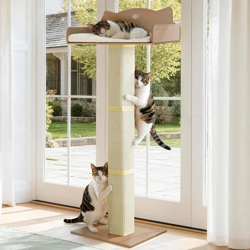 Miniatura 10 de Percha para ventana de gato con poste rascador de sisal grueso, hamaca para gatos para ventana, poste rascador ajustable de 53.5 pulgadas para gatos