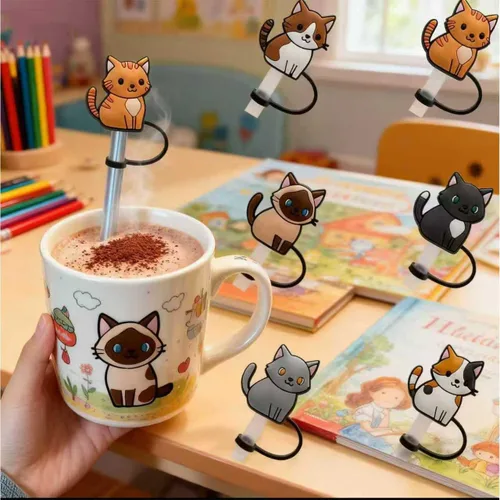 Miniatura 2 de 6 piezas de cubierta de pajita de silicona, popotes reutilizables, toppers para beber, cubiertas lindas, tapa de pajita de gato para topper Stanley
