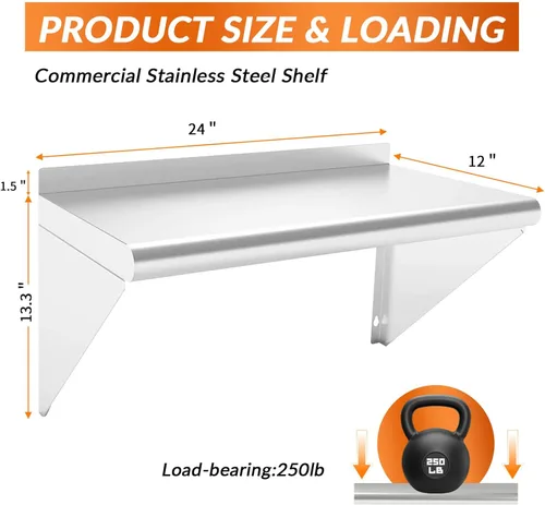Miniatura 3 de Estante comercial de acero inoxidable de 12 x 24 pulgadas, paquete de 2 estantes de almacenamiento de alimentos montados en la pared, estante