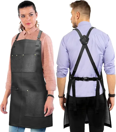 Under NY Sky Delantal de cuero, correas cruzadas, remachadas, cuero vegano, para barberos, baristas, M