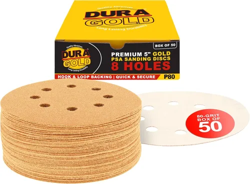 Miniatura 13 de Dura-Gold Discos de papel de lija premium de grano 220 de 5 pulgadas, patrón de 8 agujeros, sin polvo, 50 discos, soporte de gancho y bucle