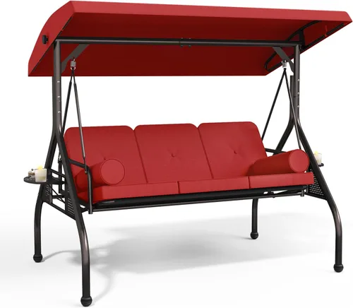 Miniatura 9 de Betterland Silla de columpio de 3 asientos para patio, columpio de porche al aire libre con cojines, almohadas y portavasos, columpio exterior Azul
