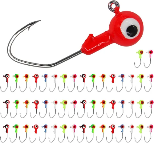 Juego de 50 ganchos de cabeza de plantilla de pesca, plantillas de pesca de bola redonda con ojos 3D, ganchos de acero al carbono para señuelos