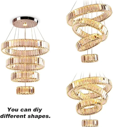 Miniatura 7 de Candelabro LED de 4 anillos para comedor, moderna lámpara de cristal colgante, lámparas de techo alto para dormitorio, sala de estar, comedor