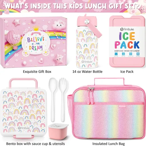 Miniatura 2 de Fimibuke Lonchera Bento para Niños con 4 Compartimentos, Bolsa de Almuerzo Aislada, Botella de Agua Aislada de Acero Inoxidable, Paquete de Hielo