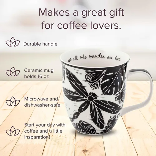 Miniatura 6 de Karma Taza bohemia de 16 onzas con diseño de mariposa y libélula en blanco y negro, bonita taza de café y té, cerámica, 16 onzas, redonda