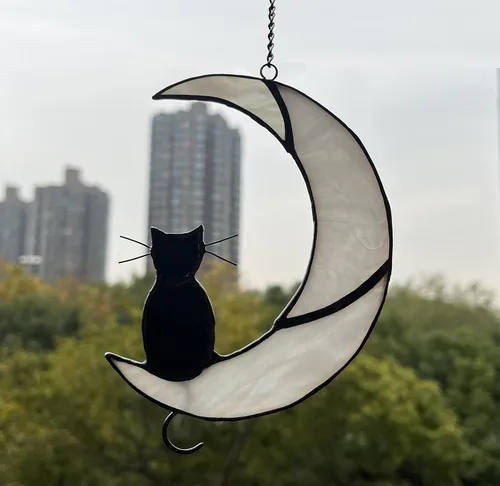 Miniatura 3 de Decoración de gato negro en luna blanca con vitrales colgantes para ventanas, paneles de ventanas, atrapasoles, adorno de Halloween, regalo