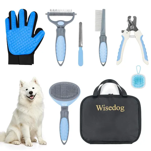 Wisedog Kit de aseo para perros, 7 piezas, cortaúñas para gatos con lima de uñas, peine desengrasante para perros, peine de pulgas, cepillo de baño,
