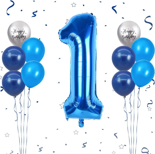 Miniatura 26 de Globos azules del número 18 de 40 pulgadas, globos de cumpleaños de 18 años, globos de látex azul claro y azul oscuro con impresión plateada
