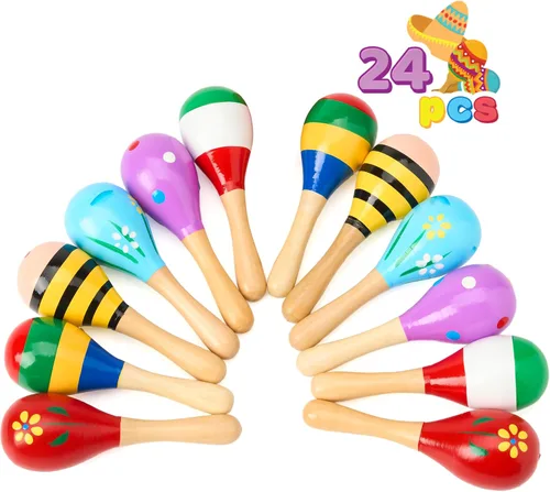 JOYIN 24 mini maracas de madera del Cinco de Mayo para niños, recuerdos de fiesta y maracas de bebé con sonajero de madera coloridos ruidos para