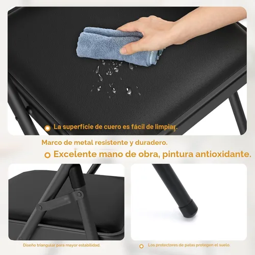 Miniatura 5 de Paquete de 6 sillas plegables negras con cojín acolchado para exteriores, sillas plegables de metal comerciales apilables portátiles con marco