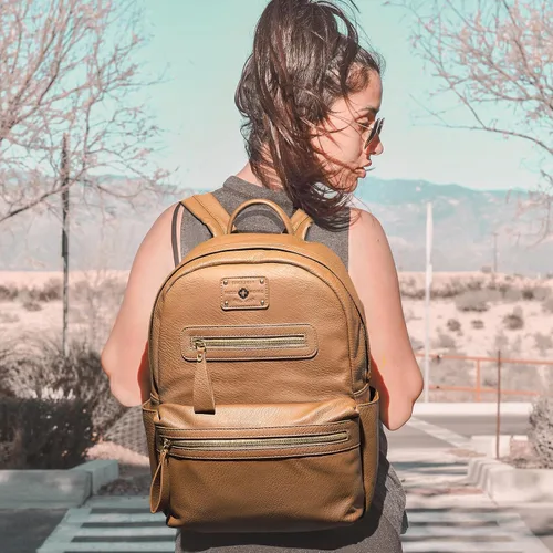 Miniatura 2 de miss fong Bolsa de pañales pequeña para viaje, de cuero, mochila para pañales de bebé con 7 bolsillos con cargador USB y 2 bolsillos aislados
