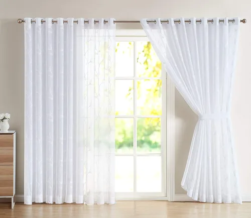 Miniatura 17 de Cortinas LinenZone de piso a techo para ventanas extra anchas. Cortinas transparentes blancas para divisores de habitación con bordado de hojas rosa