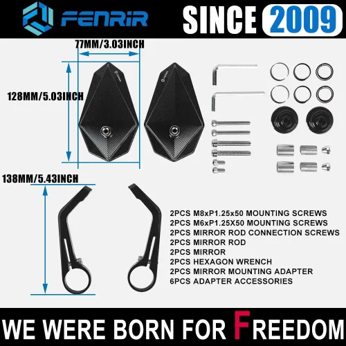 Miniatura 4 de FENRIR Espejos de barra de motocicleta CNC de aleación de aluminio Cafe Racer negros, espejos laterales de 22MM 7/8" de pulgada para manubrio