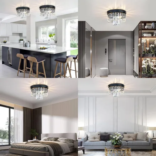 Miniatura 6 de MEXO Lámpara de techo de cristal empotrada con acabado negro, lámpara de cristal de 2 niveles para sala de estar, dormitorio, comedor, pasillo