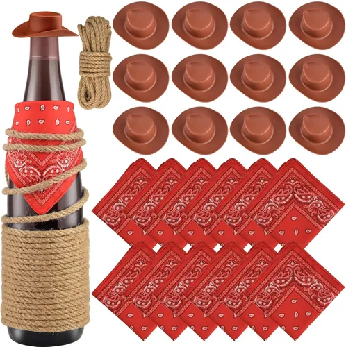 Mototo Juego de 12 juegos de decoración de sombrero de vaquero occidental, incluye mini sombrero de vaquero occidental de plástico y mini pañuelos,