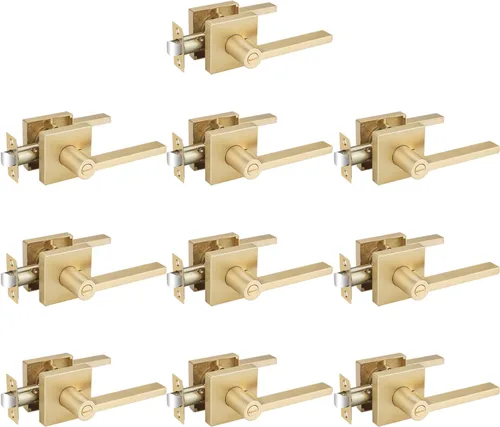 Miniatura 26 de EHOMEWARE Juego de manijas de puerta delantera doradas, palanca de puerta cuadrada resistente de latón y cerrojo de un solo cilindro reversible