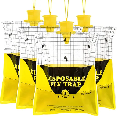 Trampas para moscas al aire libre para patio, paquete de 4 bolsas grandes precebadas desechables para exteriores, cazador de moscas colgantes,