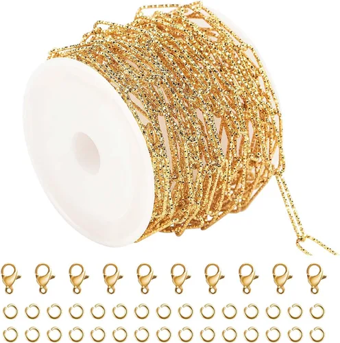 YOUBEIYEE Cadena de acero inoxidable de 16.4 pies para hacer joyas, cadenas chapadas en oro con clip en relieve, a granel con anillos de salto y