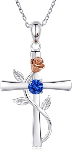 BlingGem Collar de cruz para mujer, plata de ley 925, colgante de cruz de rosa, circonita cúbica 5A, 12 meses de nacimiento, joyería de cumpleaños,