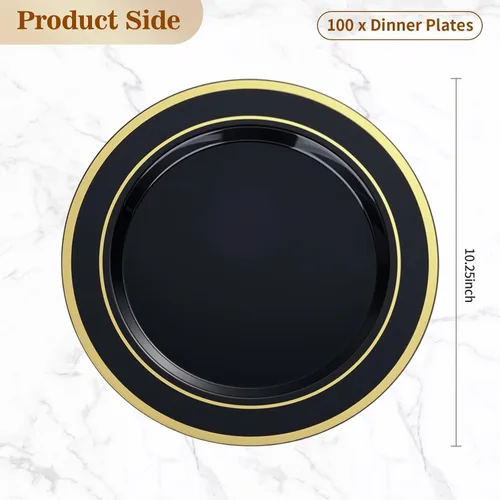 Miniatura 4 de BESTVIP 100 platos de plástico negro, platos desechables de 10.25 pulgadas para fiesta con borde dorado para Navidad, Acción de Gracias, platos