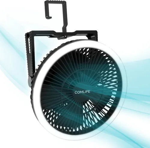 Ventilador portátil de campamento con linterna LED, ventilador recargable de tienda de campaña de 8 pulgadas para correr las 24 horas, potente