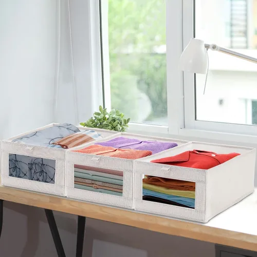 Miniatura 6 de Coloch Paquete de 6 contenedores de almacenamiento de lino con ventana transparente, caja de almacenamiento plegable para armario, organizador