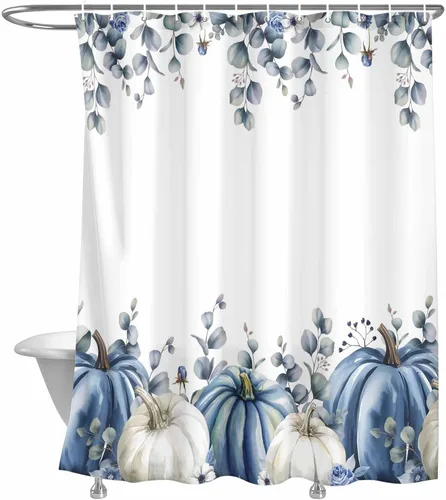 Cortina de ducha de calabaza azul para baño, calabazas blancas, hojas verdes, cortinas de baño con ganchos, tela de poliéster impermeable, cortinas