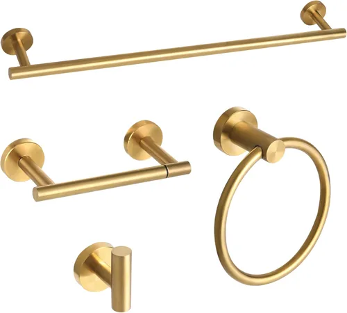 Juego de accesorios de baño de oro cepillado de 4 piezas, juego de toallero de acero inoxidable montado en la pared, incluye toalla de mano de 24