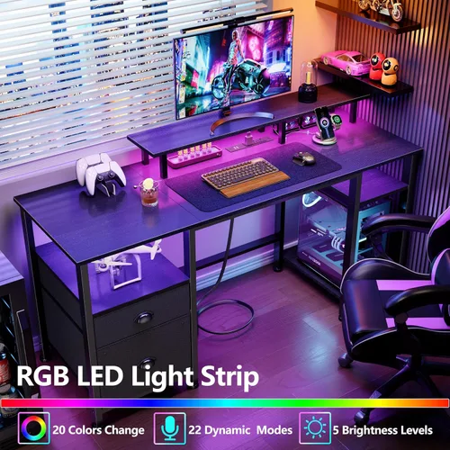 Miniatura 4 de Furologee Escritorio para juegos de 51 pulgadas con tomas de corriente y luces LED, escritorio reversible para computadora con archivador y soporte