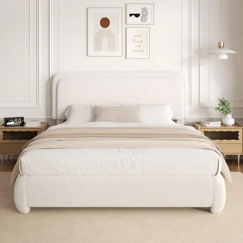 Miniatura 18 de Base de cama de tamaño Full con tapizado de bouclé, plataforma tapizada con cabecera, anticolisión con esquinas redondeadas suaves, no requiere