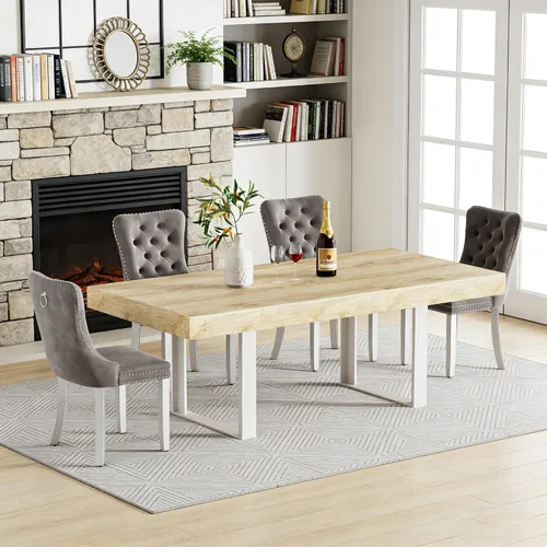 Miniatura 16 de Juego de mesa de comedor extensible de 5 piezas para 4, mesa de cocina de madera marrón de 63-78.7 pulgadas con 4 sillas acolchadas beige, juego