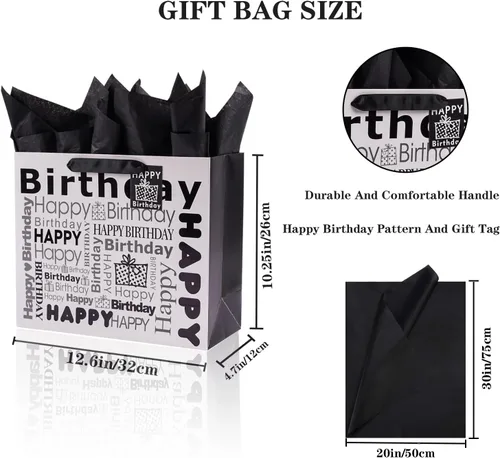 Miniatura 2 de JWSCYSY 1 bolsa de regalo grande blanca y negra con papel de seda, bolsa de regalo de feliz cumpleaños para hombres y mujeres, 12.6 x 10.25 x 4.7