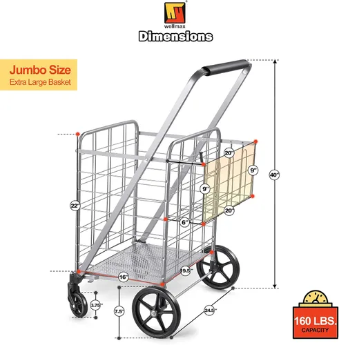Miniatura 3 de Wellmax Carrito de comestibles plegable con ruedas, carrito utilitario de metal resistente con parte inferior de malla, cesta trasera adicional