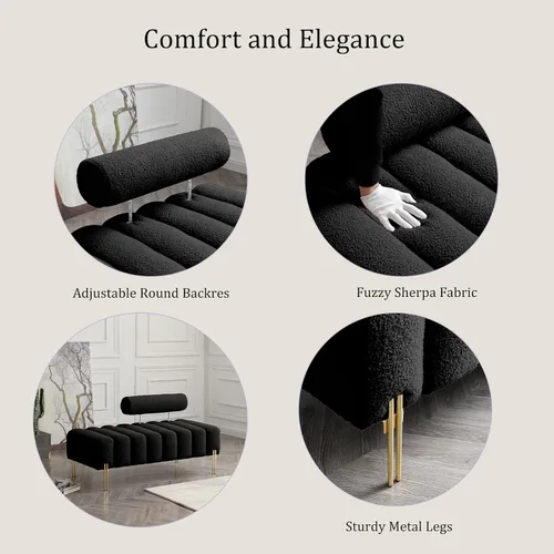 Miniatura 5 de Banco moderno de 53.2 pulgadas, cómodo banco tapizado de tela Sherpa para dormitorio con respaldo redondo ajustable, asiento de banco con patas