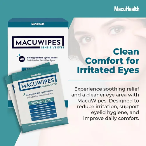 Miniatura 4 de MacuHealth MacuWipes Sensitive - Toallitas de párpados prehumedecidas para ojos secos, adoloridos y arenosos, sin alcohol, fórmula sin enjuague