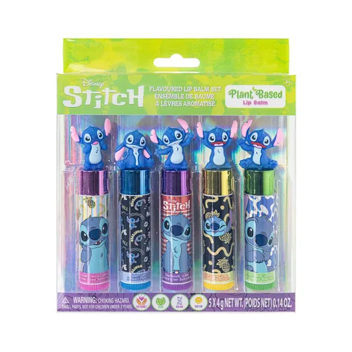 Disney Stitch 5 piezas a base de plantas, set de bálsamo labial hidratante para maquillaje para niñas, niños y bebés, perfecto para fiestas, fiestas