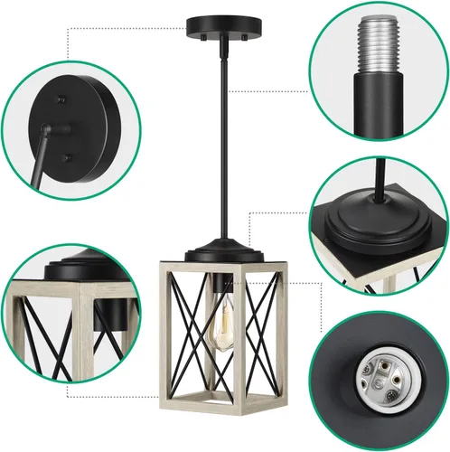 Miniatura 7 de DEWENWILS Lámpara colgante de granja, lámpara colgante de metal con acabado de grano de madera, tubos ajustables de 48 pulgadas para techo plano