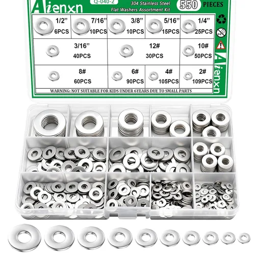 Miniatura 15 de Kit de surtido de 270 piezas de arandelas planas, 8 tamaños SAE -1/2, 3/8, 5/16, 1/4, 12#, 10#, 8#, 6#, (18-8) arandelas de acero inoxidable 304
