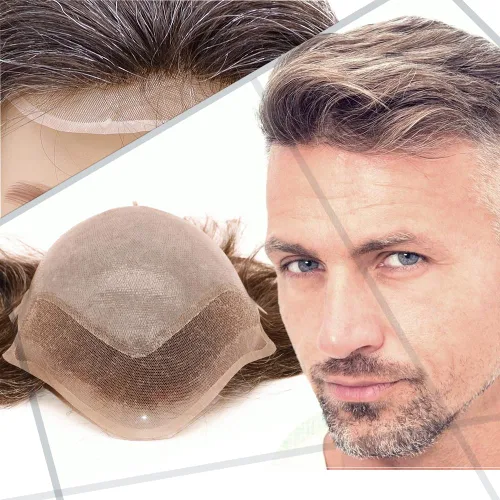 Miniatura 7 de Toupee - Peluca de cabello humano europeo con encaje frontal suizo y línea capilar natural para hombre, con piel sintética, sistema de reemplazo