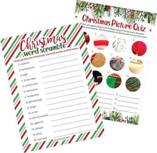 DISTINCTIVS Juegos de Fiesta de Navidad, Sopa de Letras Navideña Festiva y Cuestionario de Imágenes Navideñas (Paquete de 2 Juegos) - 25 Tarjetas de