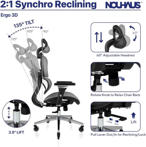 Miniatura 6 de Nouhaus Ergo3D - Silla de oficina ergonómica con soporte lumbar de malla con reposabrazos ajustable 4D, reposacabezas y ruedas ajustables, respaldo