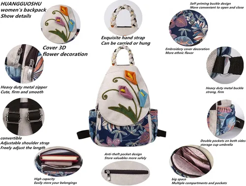 Miniatura 133 de HUANGGUOSHU Mochila de algodón tejida de algodón bohemio con bordado de lona estilo bohemio con múltiples bolsillos retro linda mochila cartera