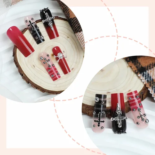 Miniatura 3 de MISUD - Uñas postizas largas cuadradas con pegamento de Rojo Gótico y Negro, diseño cruzado gótico Y2K acrílico, 24 piezas