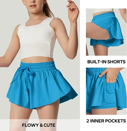 Miniatura 3 de Ewedoos Pantalones cortos holgados 2 en 1 para niñas, pantalones cortos atléticos de mariposa, talla 10-12, lindos pantalones cortos de moda