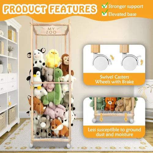Miniatura 7 de Zoo de almacenamiento de animales de peluche con ruedas, 64 pulgadas de madera grande de animales de peluche organizador de juguetes para niños